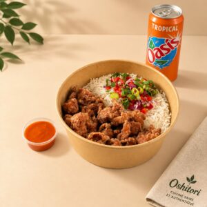 Oshitori Bowl : poulet karaage croustillant, riz japonais et salsa maison
