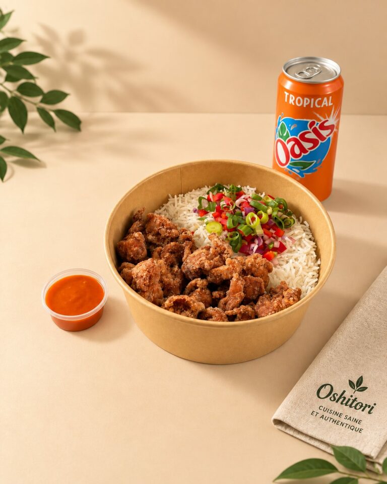 Oshitori Bowl : poulet karaage croustillant, riz japonais et salsa maison