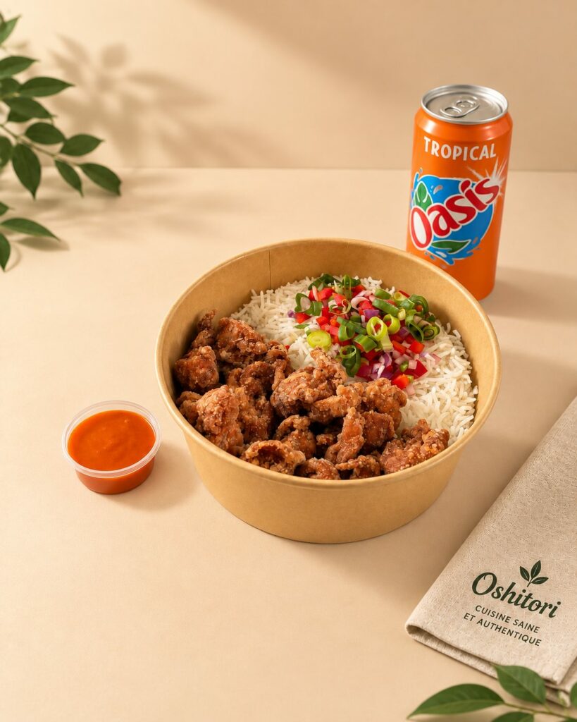 Oshitori Bowl : poulet karaage croustillant, riz japonais et salsa maison