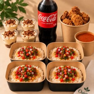 L’Expérience Oshitori : quatre riz japonais, seau de karaage, sauce, tiramisus et bouteille 1,5 L