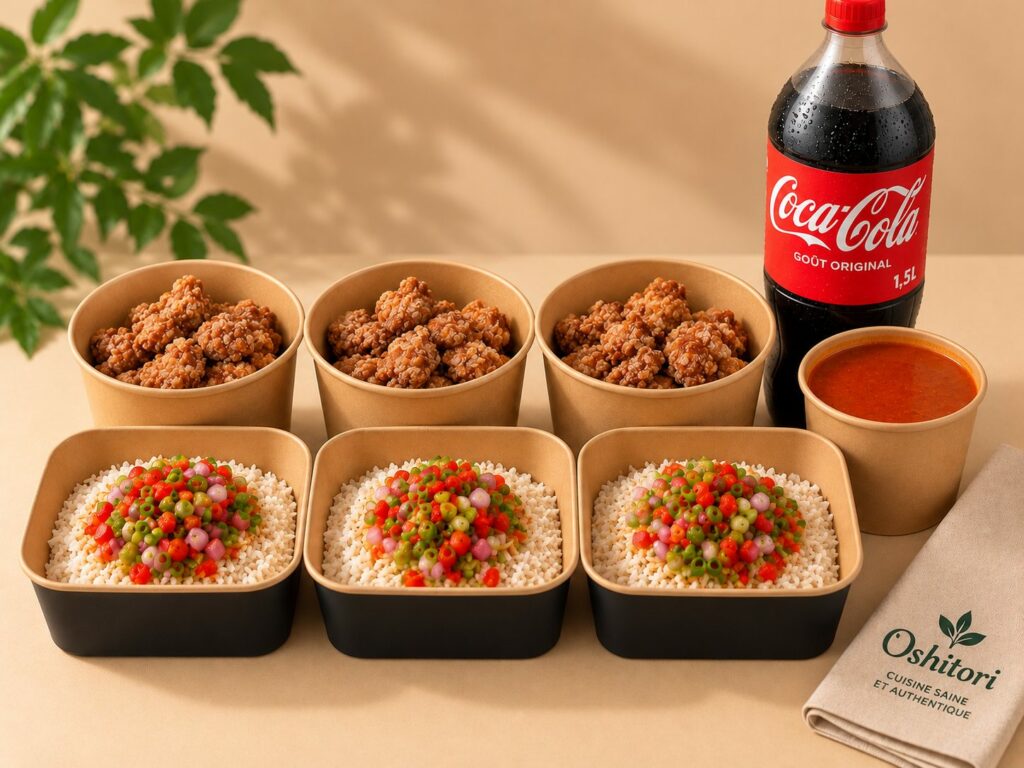 Family Box Oshitori : trois portions de karaage, trois riz japonais, sauce et bouteille 1,5 L