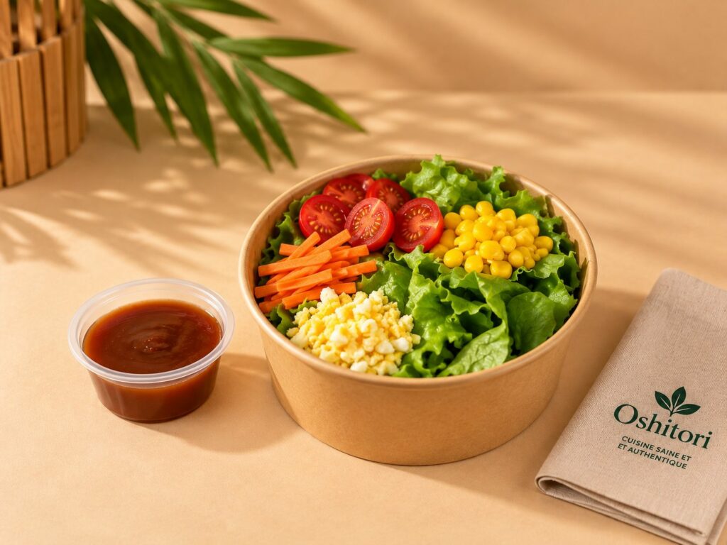 Grande salade Oshitori : laitue, tomates cerises, maïs, carottes, œuf et vinaigrette
