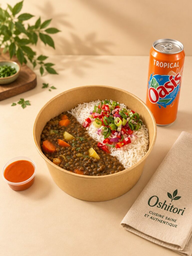 Green Bowl Oshitori : curry japonais, riz, salsa maison, sauce et boisson