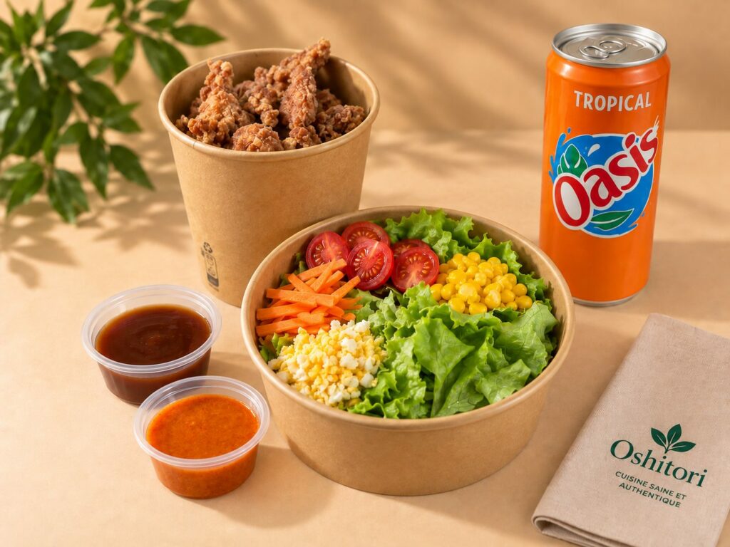 Menu Fraîcheur Oshitori : grande salade, poulet karaage, sauces et boisson