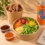 Menu Fraîcheur Oshitori : grande salade, poulet karaage, sauces et boisson