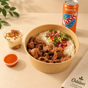 Menu Gourmand Oshitori : bowl de poulet karaage, tiramisu spéculoos, sauce et boisson