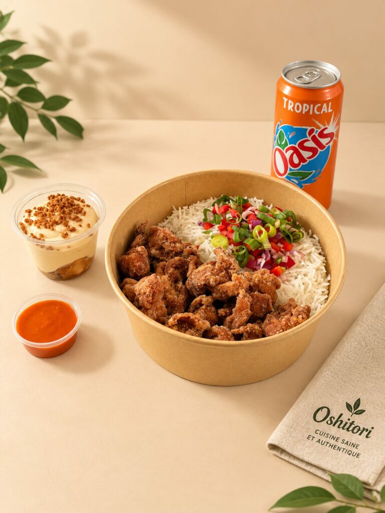 Menu Gourmand Oshitori : bowl de poulet karaage, tiramisu spéculoos, sauce et boisson